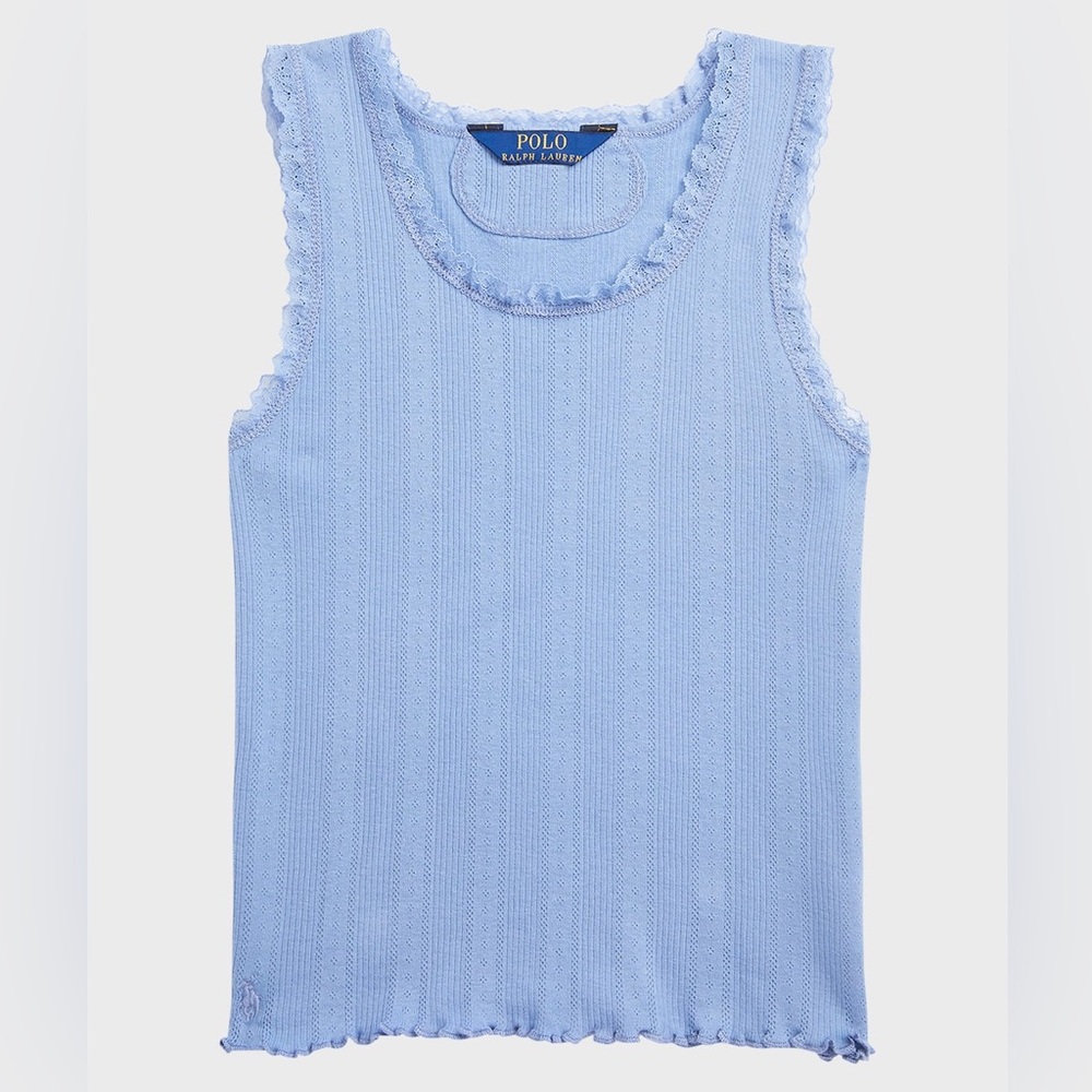Polo Ralph Lauren Girl's Pointelle Knit Lace Trim Tank Top in Blue Size XL 16